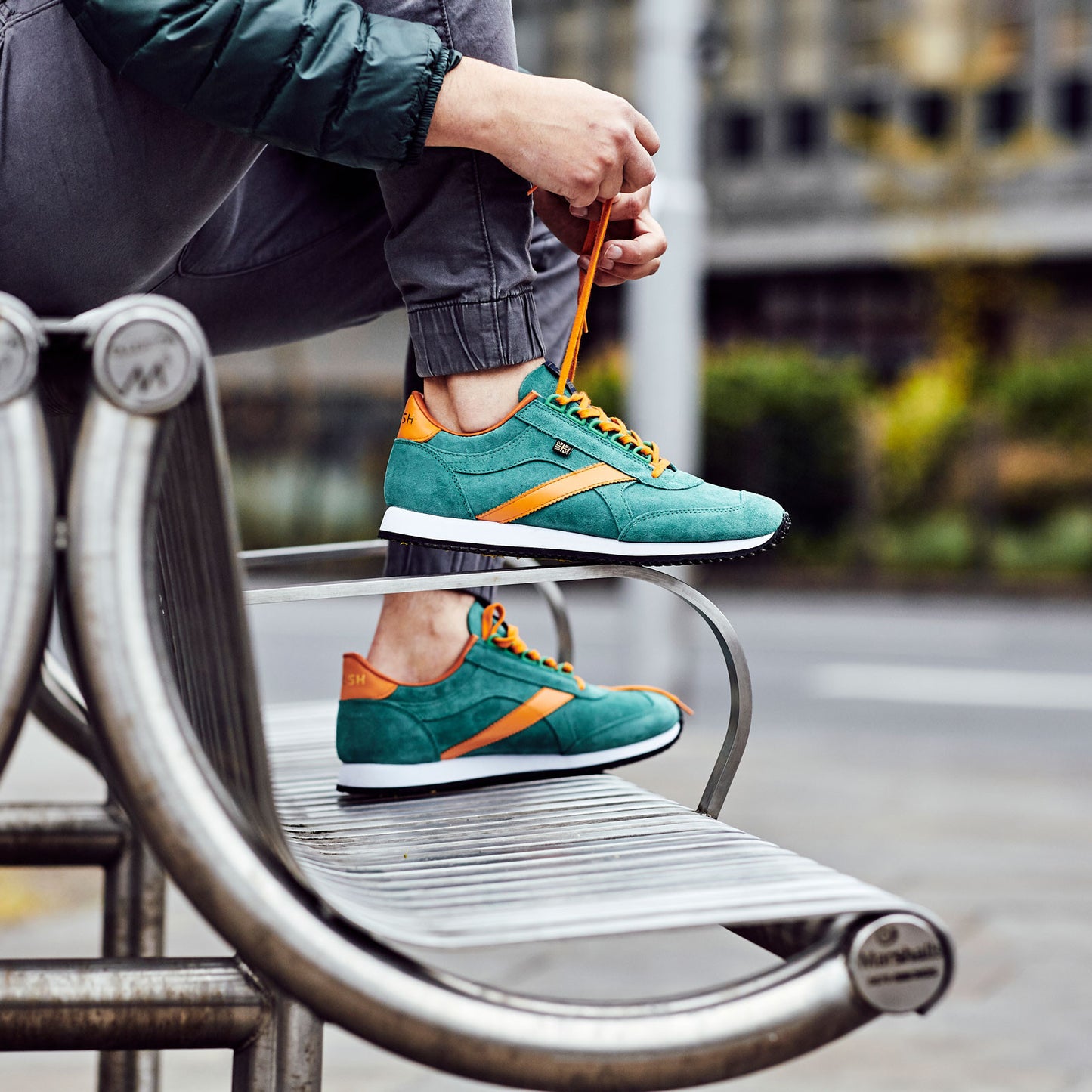 Product image for Herring Voyager Trainer mens rubber-soled trainers in green suede and orange calf