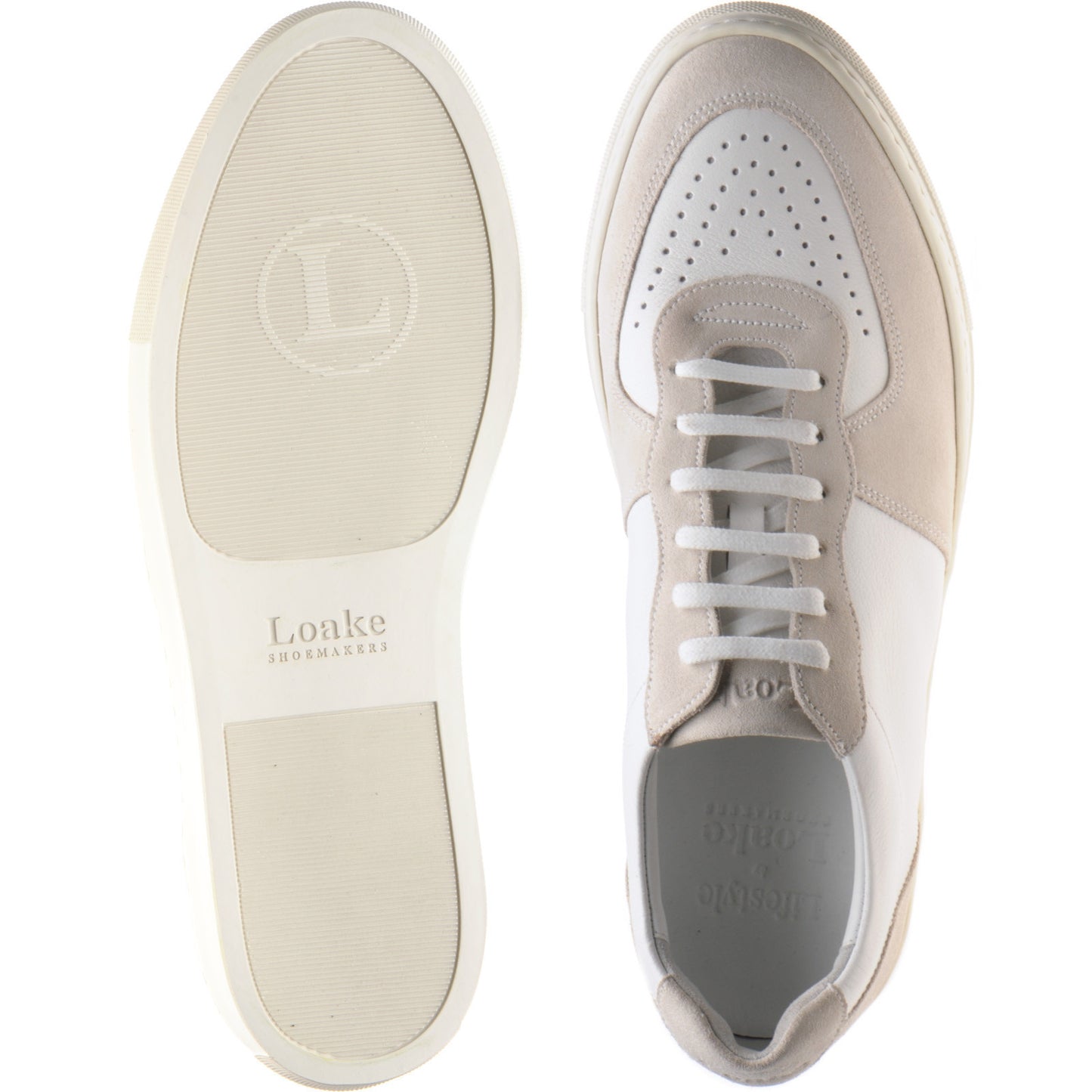 Product image for Loake Rush mens rubber-soled trainers in white calf and sand suede