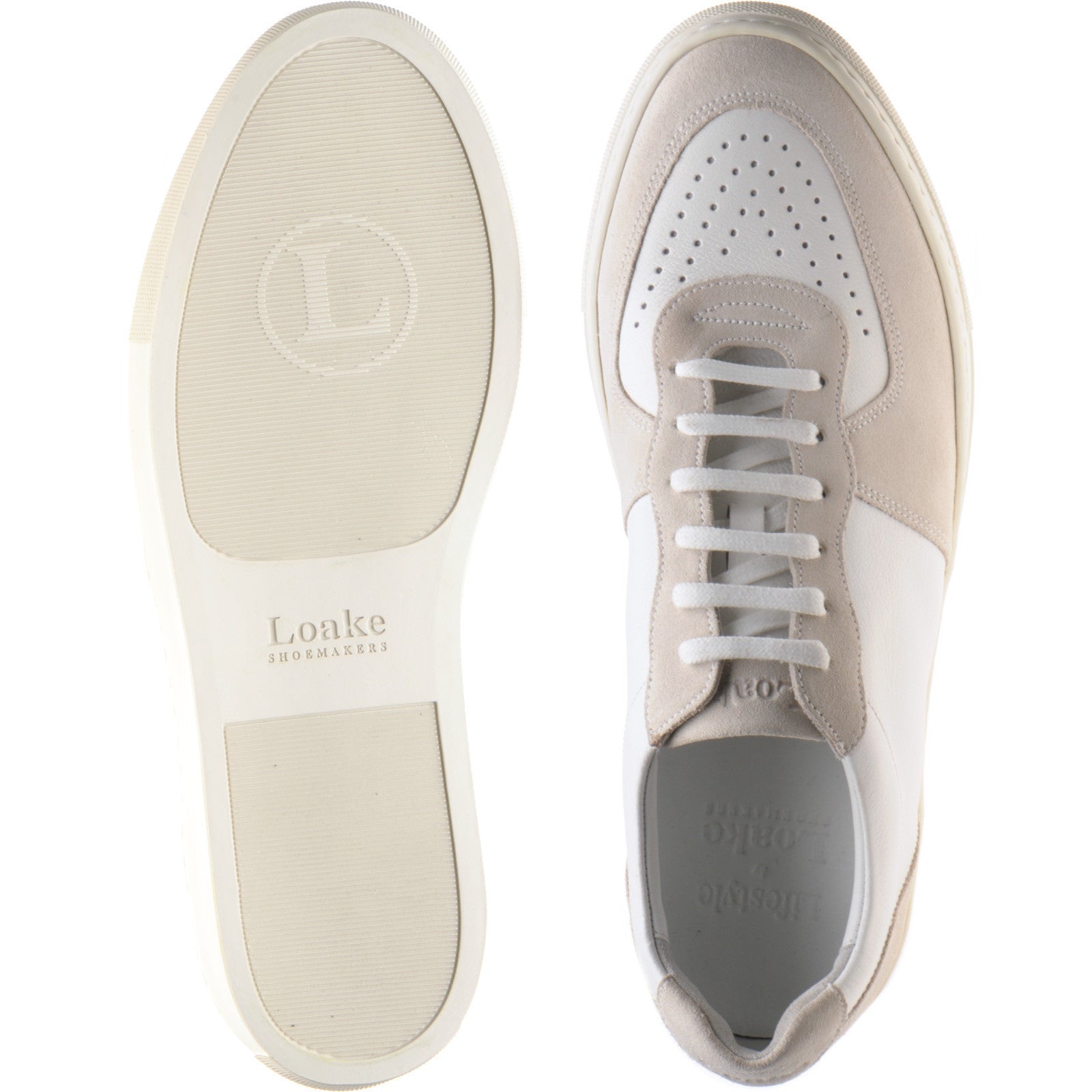 Product image for Loake Rush mens rubber-soled trainers in white calf and sand suede