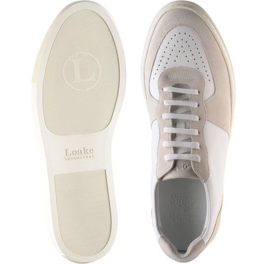 Product image for Loake Rush mens rubber-soled trainers in white calf and sand suede
