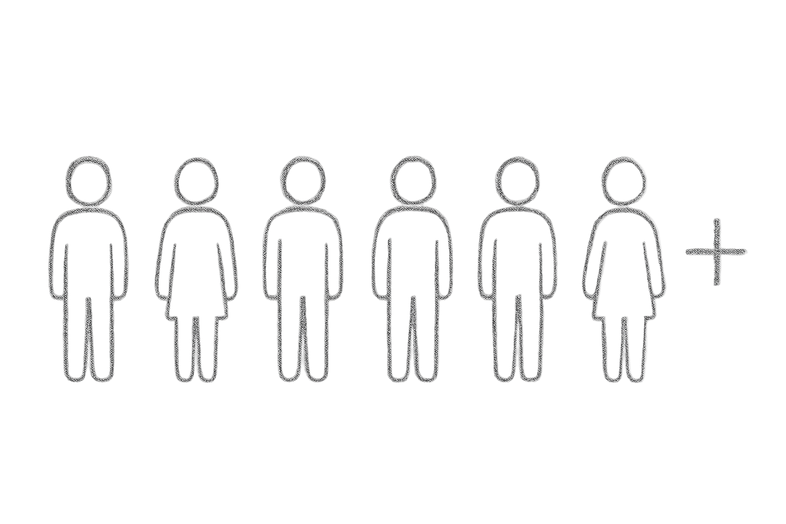 a pencil outline of six simple human figures is a row and plus sign at the right hand end of the row
