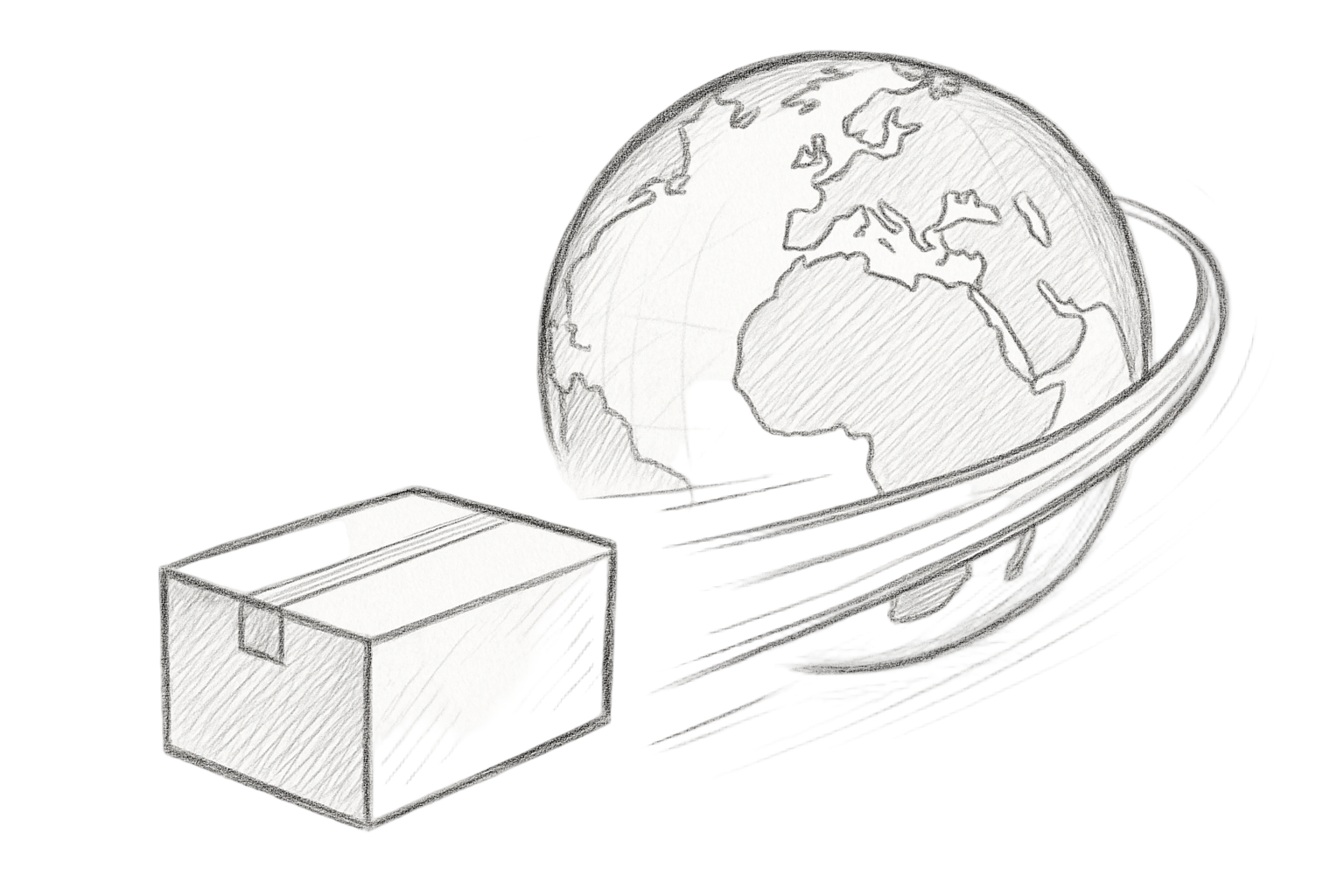 change this so the parcel is smaller and is closer to the viewer and the path of the movement lines is more around the globe in the direction of travel away from the viewer