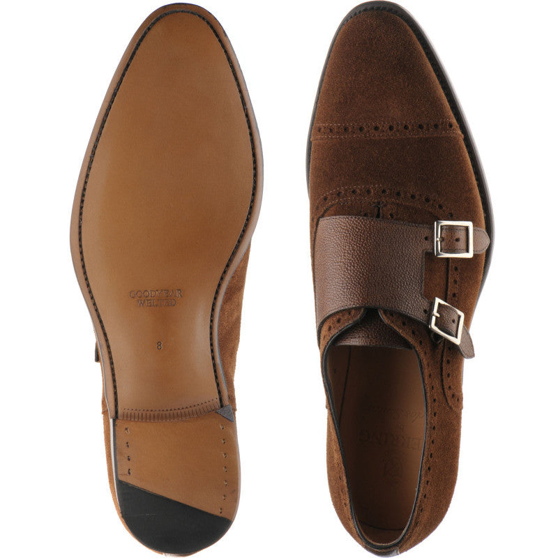 Product image for Herring Montford mens double monk shoes in brown grain and suede