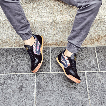 Product image for Herring Tokyo Trainer mens rubber-soled trainers in black calf and printed linen